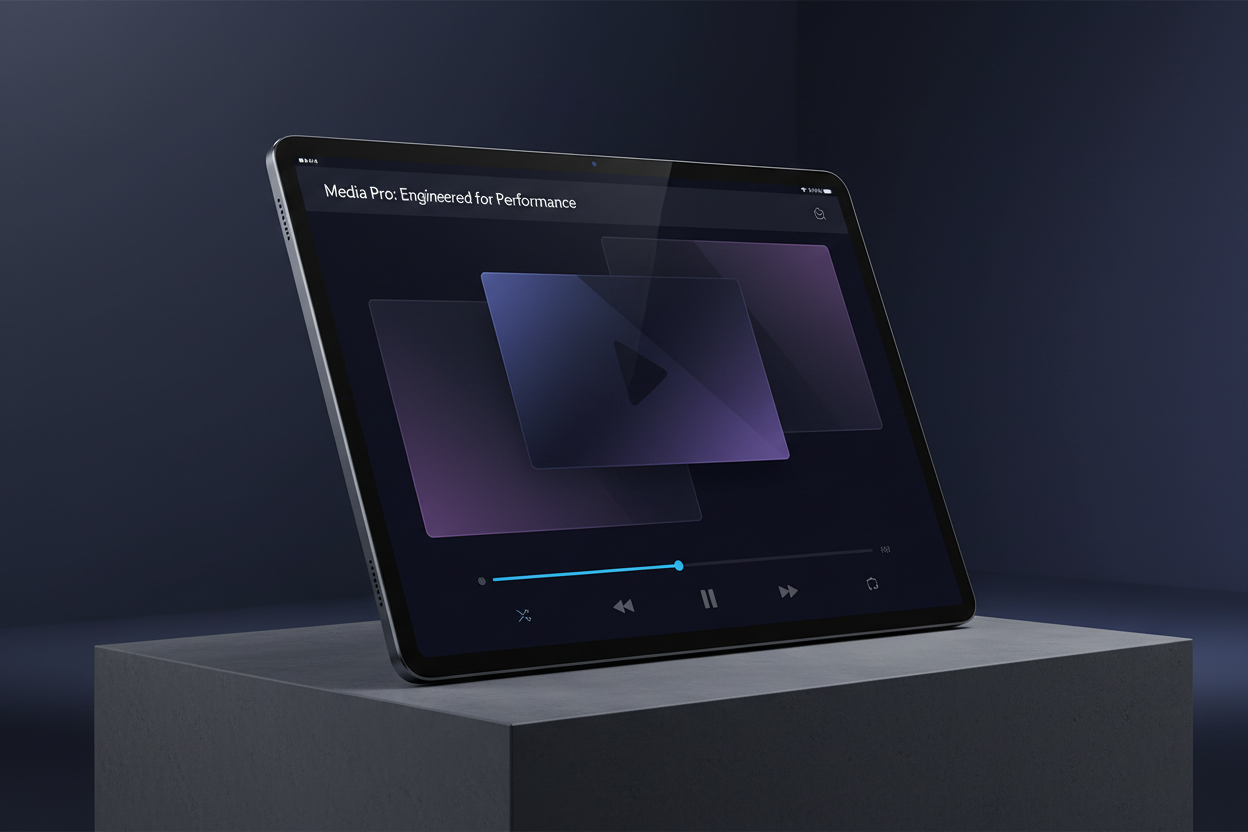 Media Pro: Engineered for Performance. Use a high-quality mockup of a tablet or TV screen showing a clean, dark-mode user interface (no logos of TV channels or movies!).